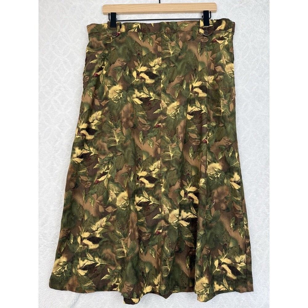 Vtg 90s A-line Midi Skirt 20W Brown Green Leaves Fall Modest Cottagecore Grunge